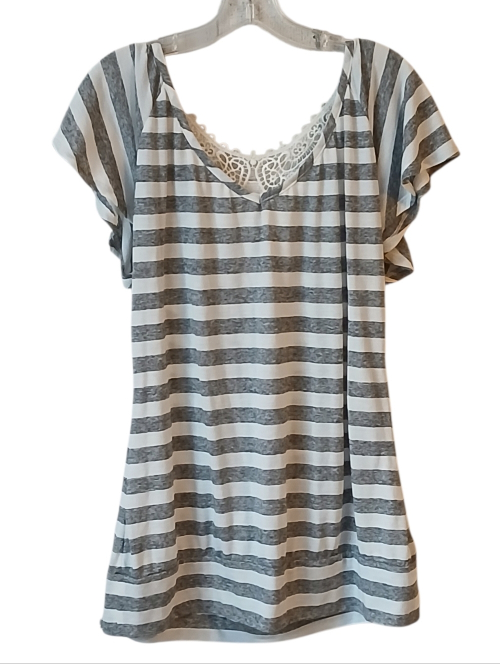 No Boundaries Gray and White Striped Lace-Trim Tee Size XL